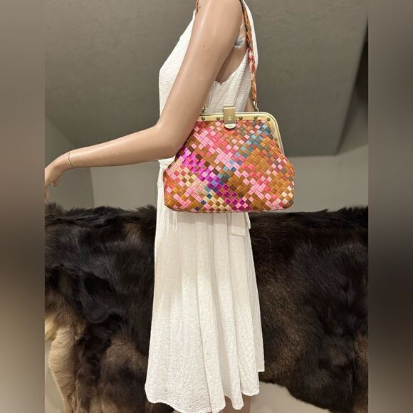 Colorful Genuine Woven Leather Retro Metal Frame & Push Lock Handbag, Crossbody - Picture 2 of 16